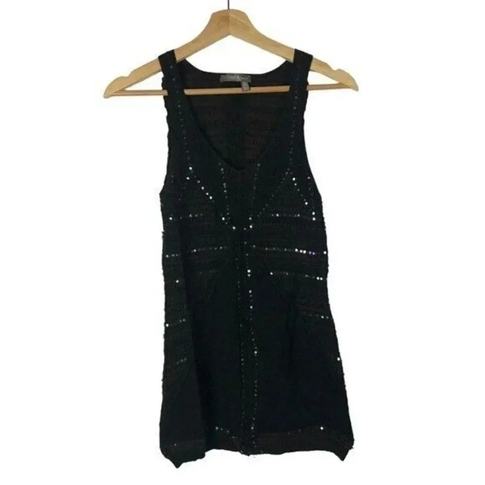 Tristan & Iseut Vintage Dark Brown Beaded Knit Tank Top M